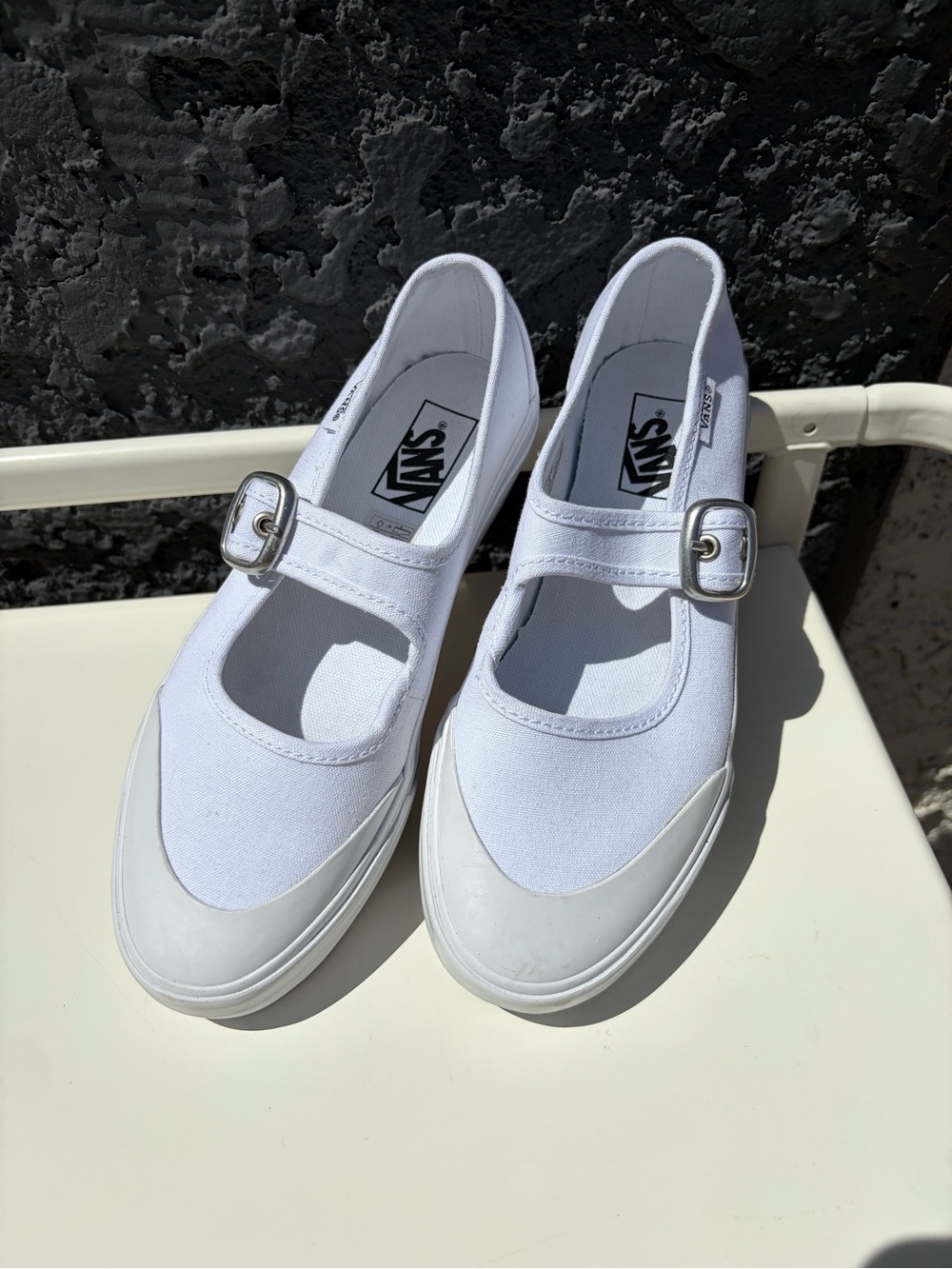 Vans White Mary Jane Canvas Flats with Buckle Strap